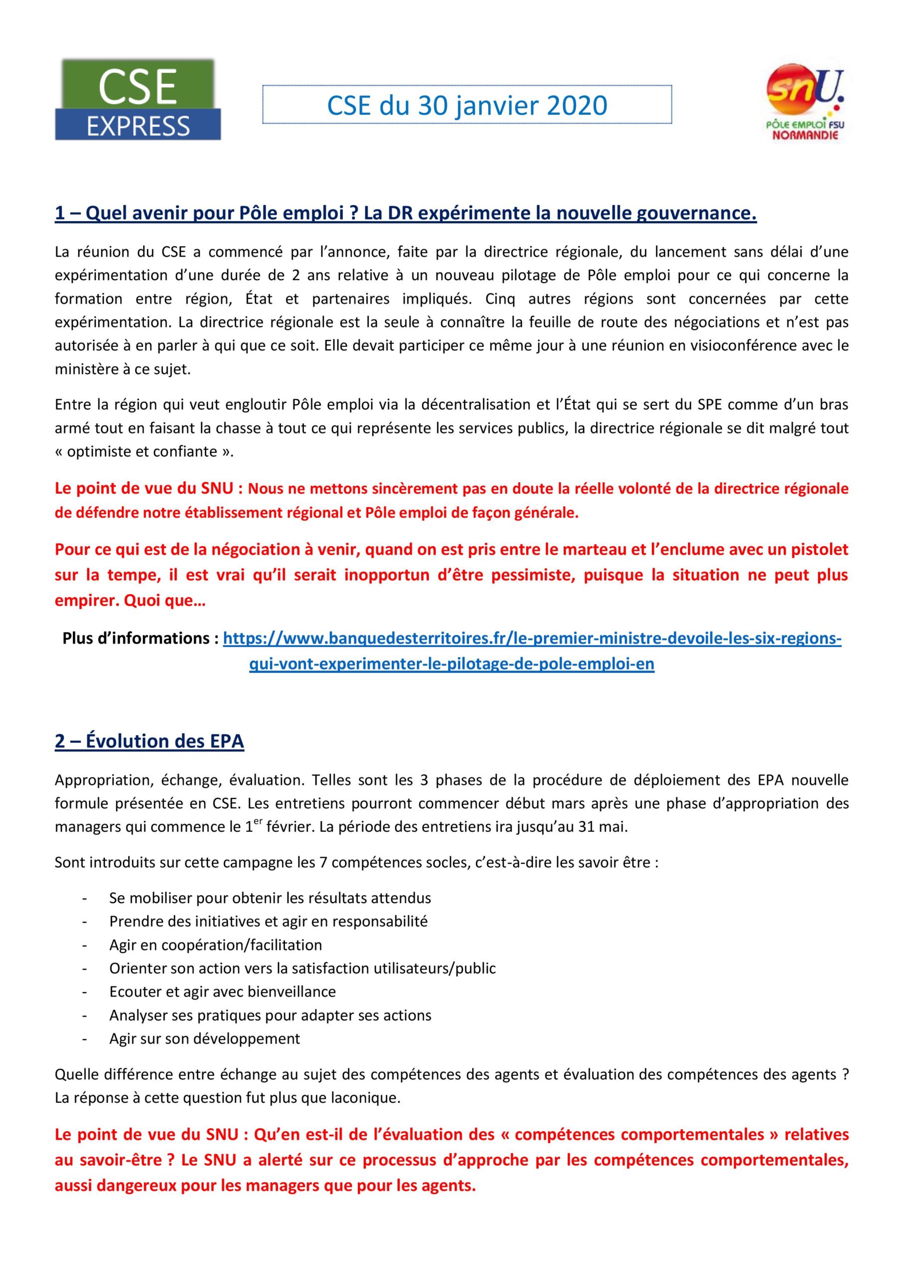 CSE EXPRESS – CSE du 30 janvier 2020