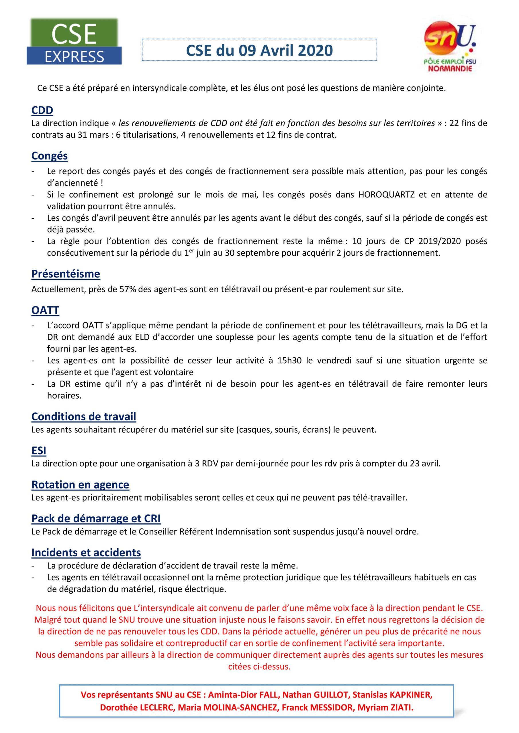 CSE EXPRESS – CSE du 09 Avril 2020