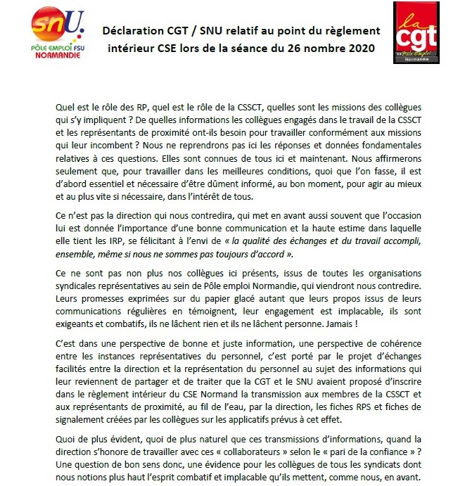 Déclaration commune SNU/CGT CSE du 26 Novembre 2020
