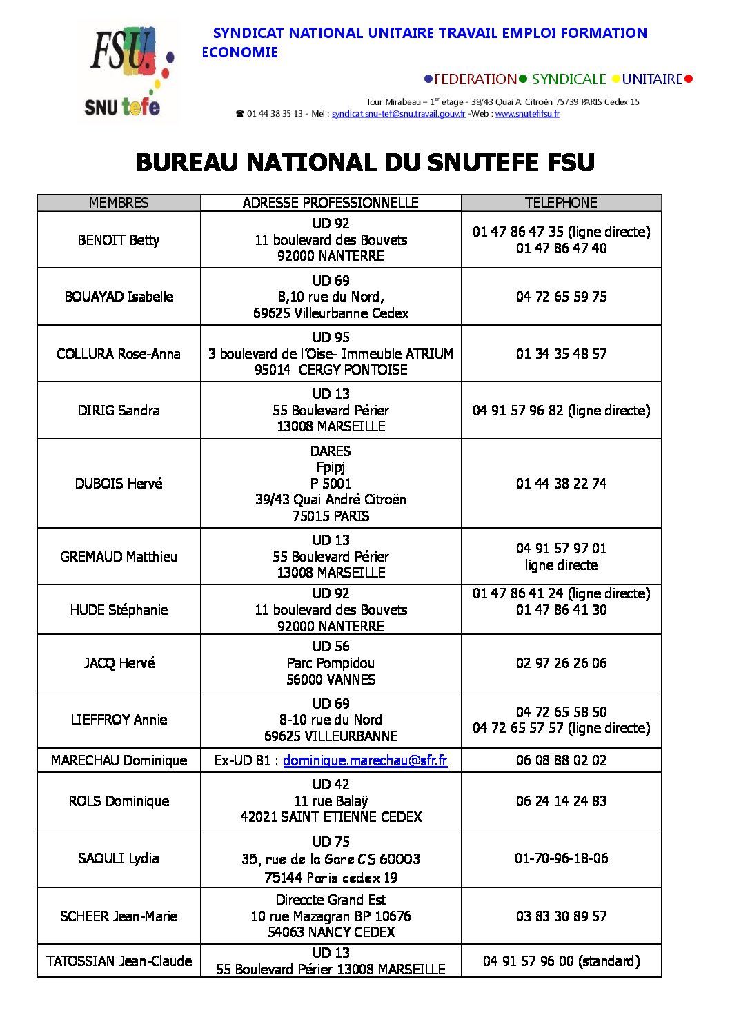 Réunion du Bureau National de la FSU TEFE