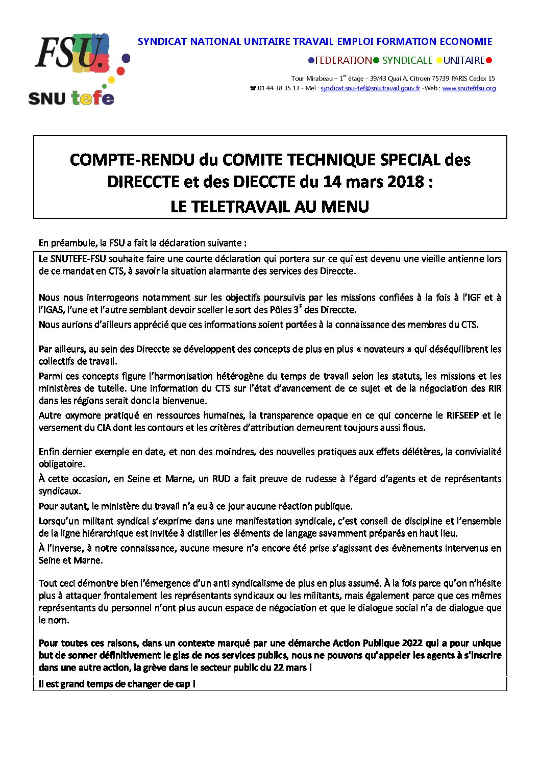 Réunion du Bureau National de la FSU TEFE