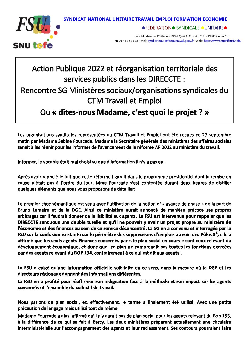Réunion du Bureau National de la FSU TEFE