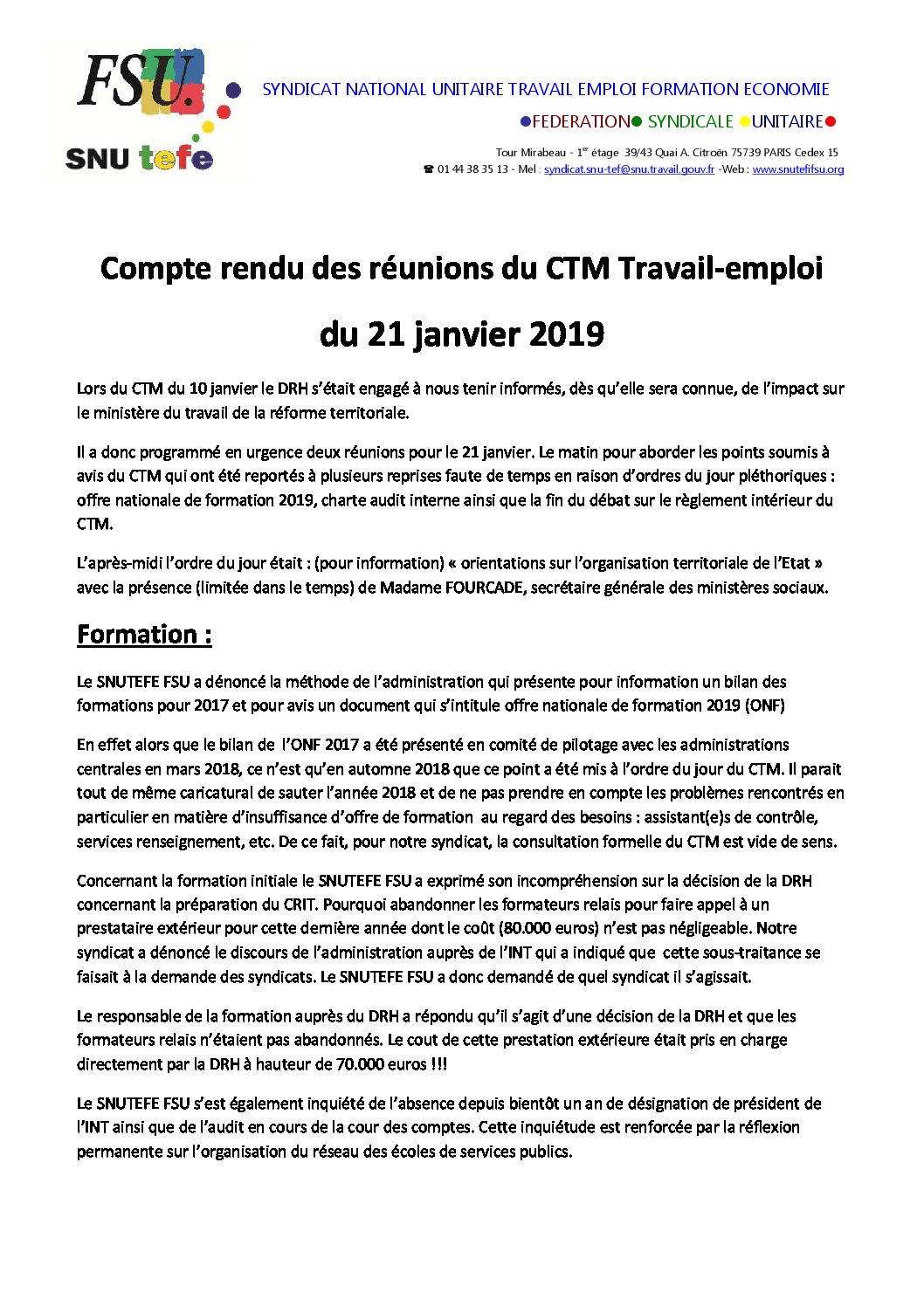 Réunion du Bureau National de la FSU TEFE