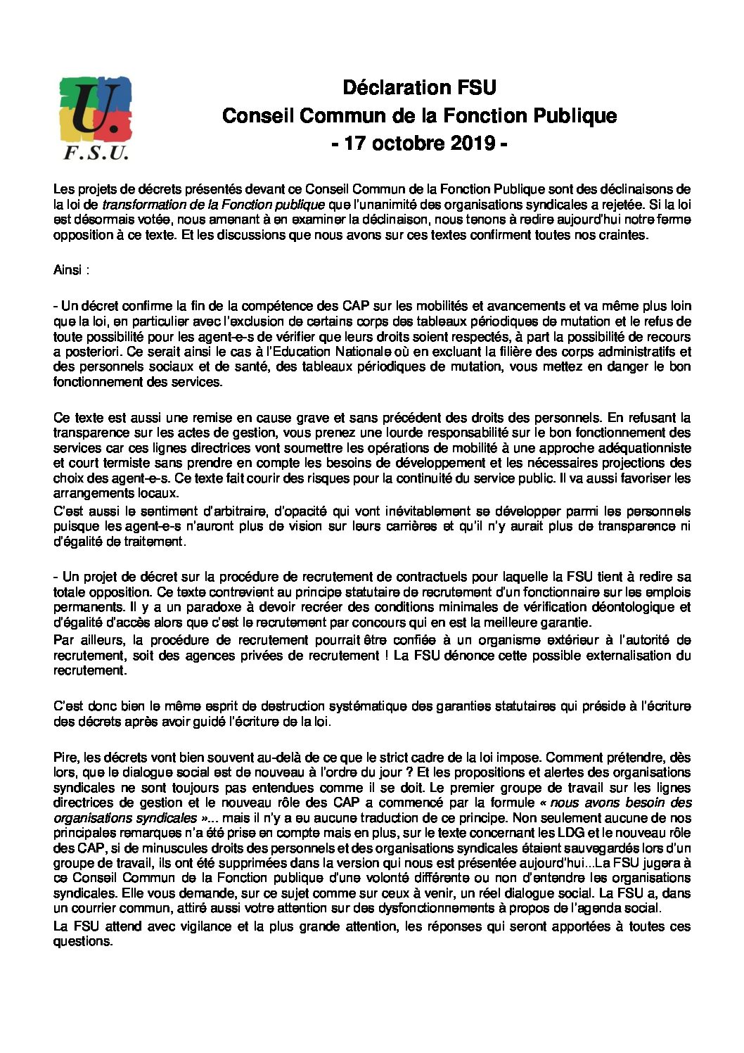 Réunion du Bureau National de la FSU TEFE