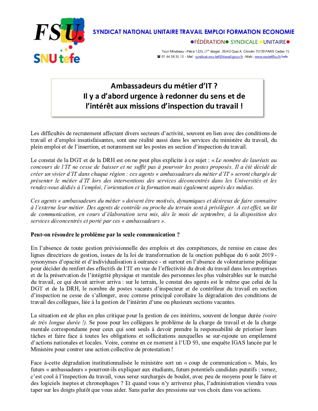 Réunion du Bureau National de la FSU TEFE